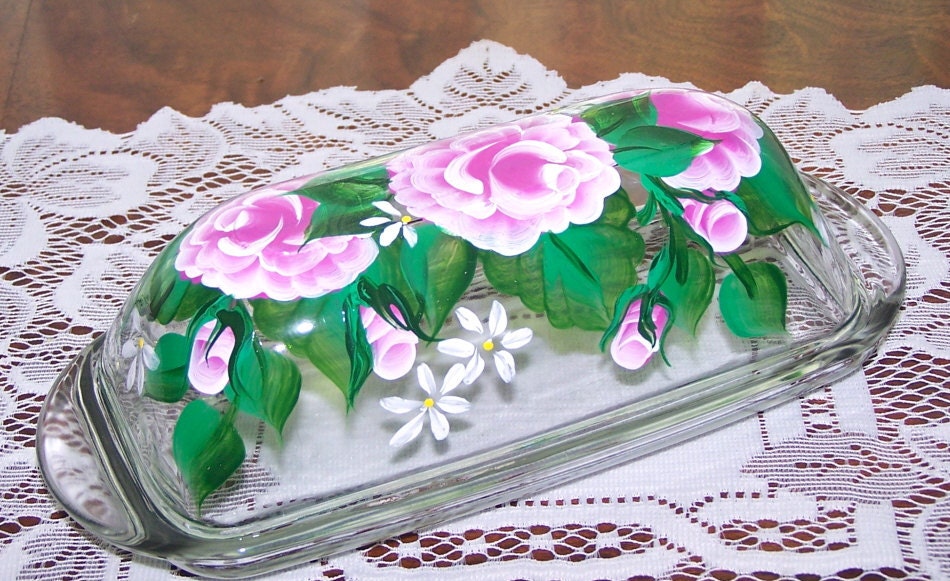 Butter Dish with Hand Painted Pink Roses and Buds