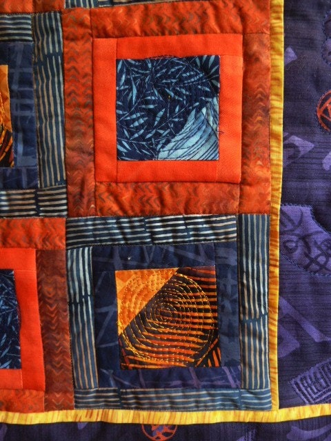 Reduced Fiber Art Wall Hanging  Purple Orange Blue Asian Inspired Small Quilt