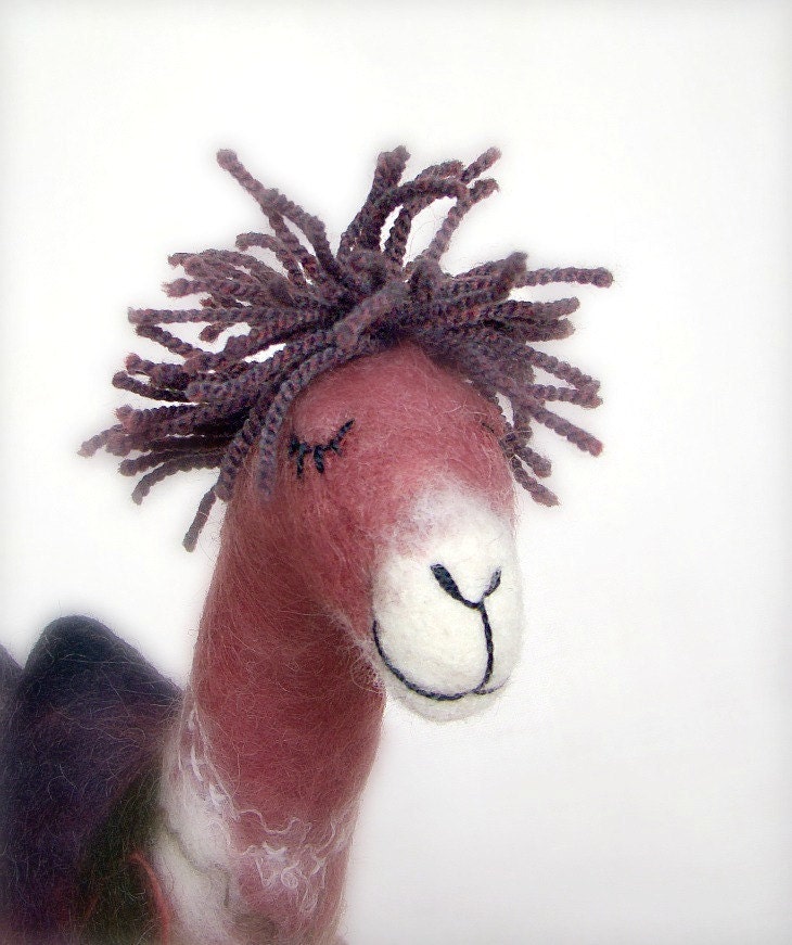 Salim - Felt Camel.  Art Marionette, Puppet, Felted Animal, Stuffed Toy. burgundy maroon claret red. MADE TO ORDER.