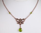 SALE: Art Nouveau Lavalier Necklace in Copper and Light Green Olive with Swarovski Crystals