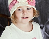 Girls Crochet Cloche Beanie Hat  - Pink and Cream with Gold Button