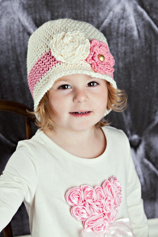 Girls Crochet Cloche Beanie Hat - Pink and Cream with Gold Button