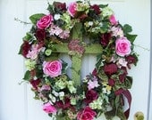 Spring Wreath Easter wreath with Cross green pink door decor