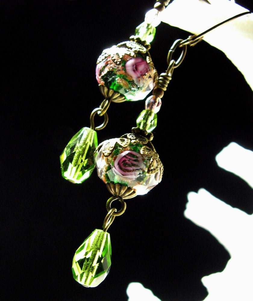 Peridot Green Pink Rosebud Crystal Earrings Steampunk Jewelry Antique Vintage Victorian Bridal Style