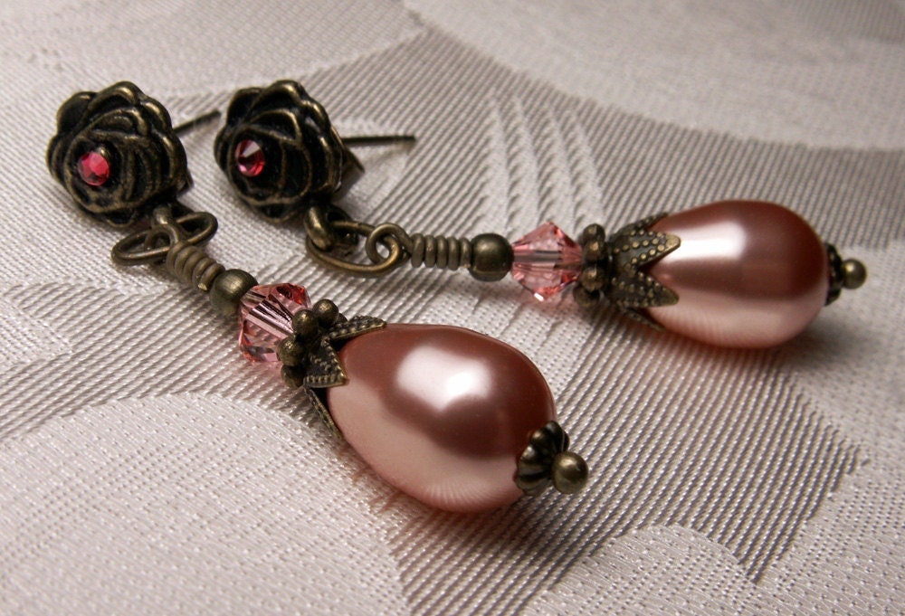 Rose Peach Pink Swarovski Crystal Pearl Earrings Steampunk Jewelry Antique Vintage Victorian Bridal Style