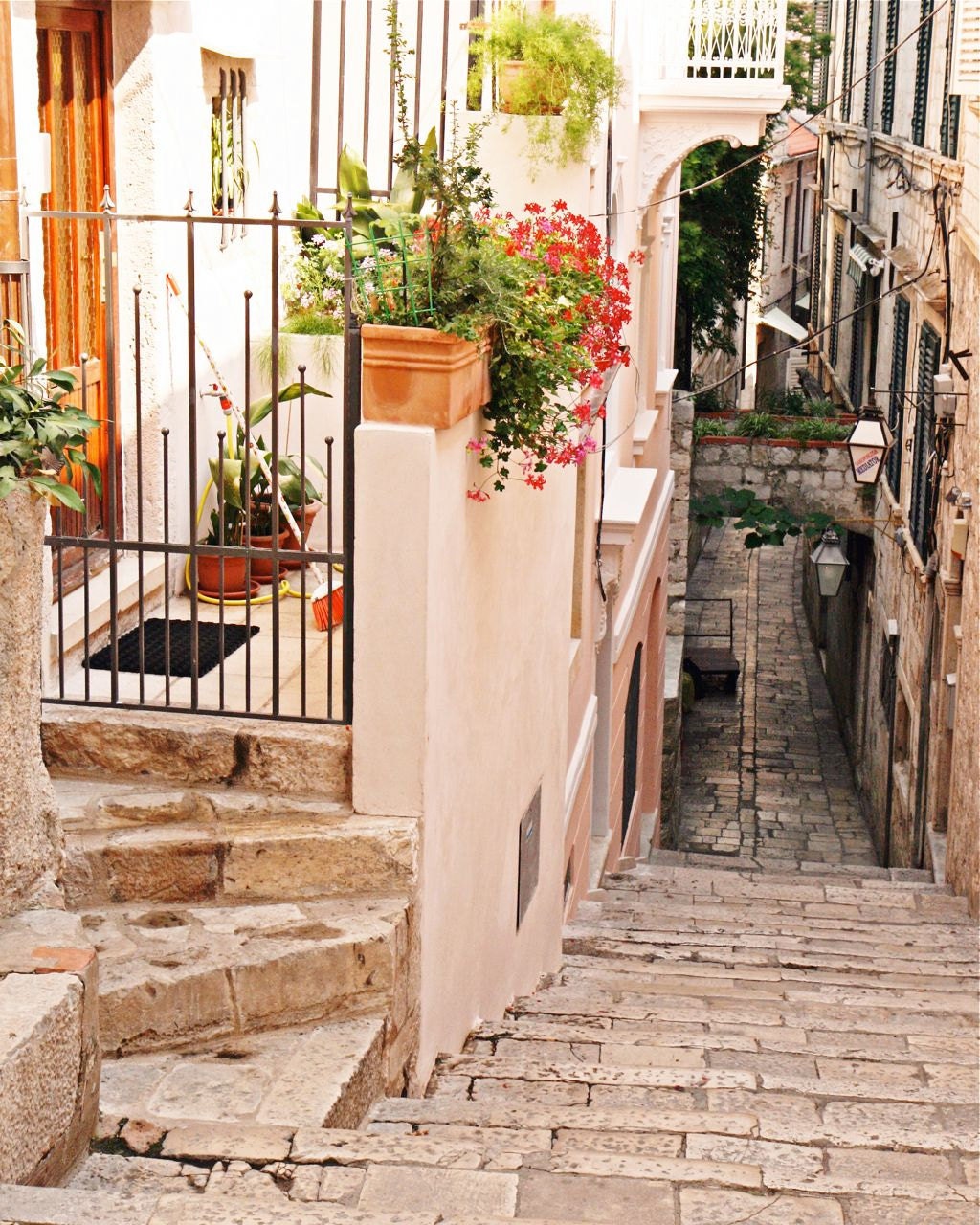 Mediterranean Decor - Dubrovnik Photograph - Old City Photo - Flowers - Travel Art - Pink Feminine Print - European Wall Art - Croatia