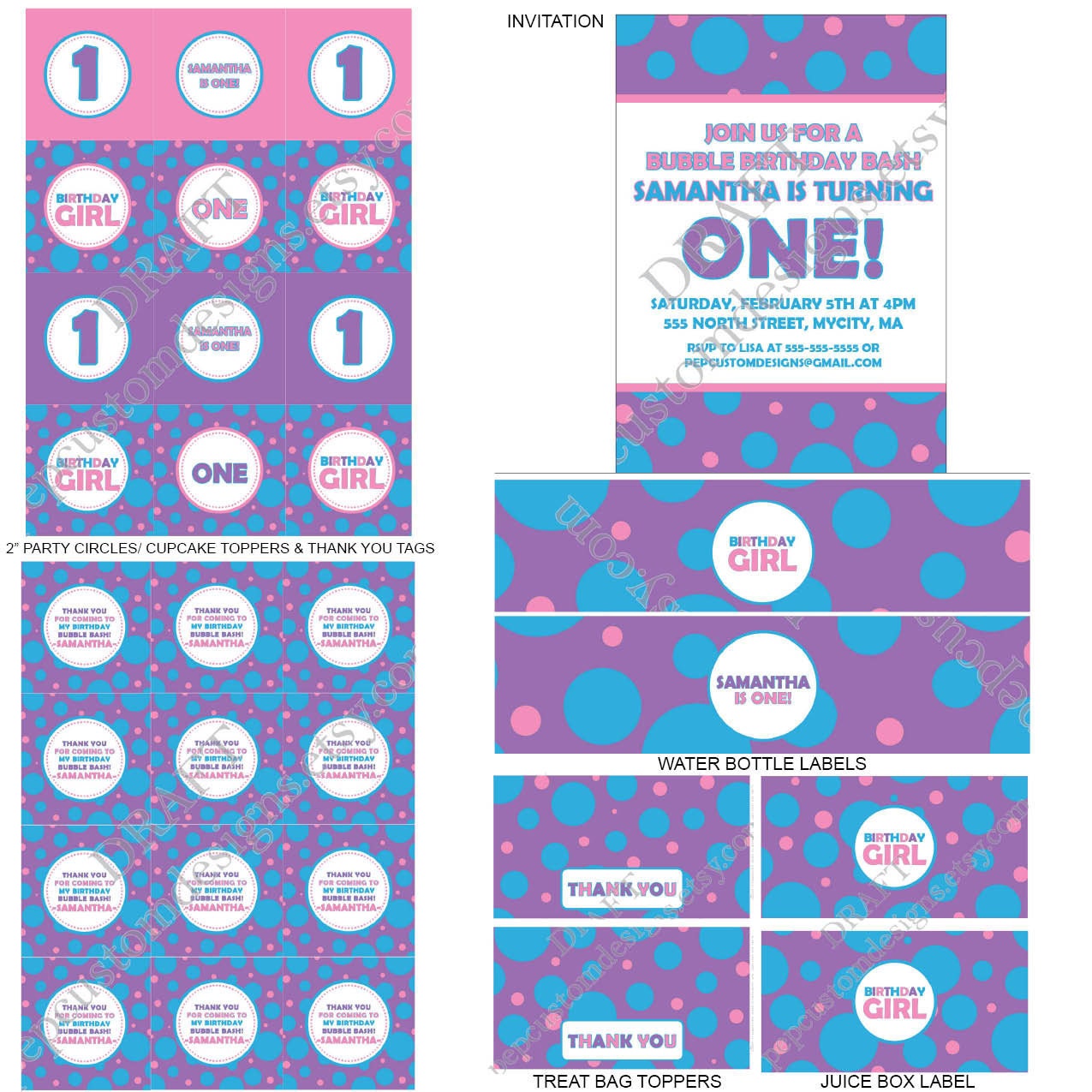 DIY-Printable: Personalized Birthday Bubble Bash Girl Party Set - 15 items (invitation, party circles, water bottle labels, banner & more)