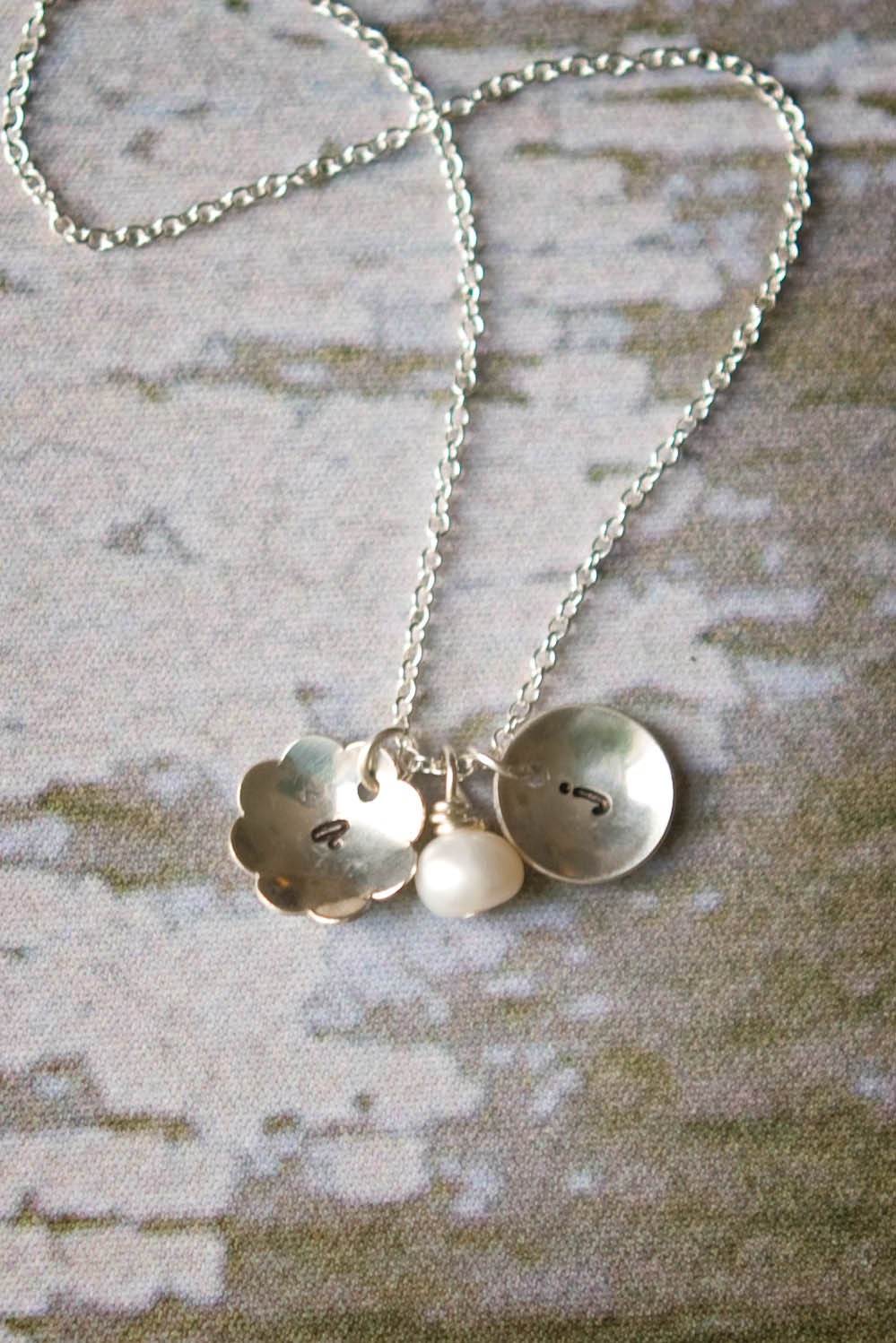 Initial Necklace - Sterling Silver Flower and Circle - Handstamped Necklace - Freshwater Pearl or Birthstone