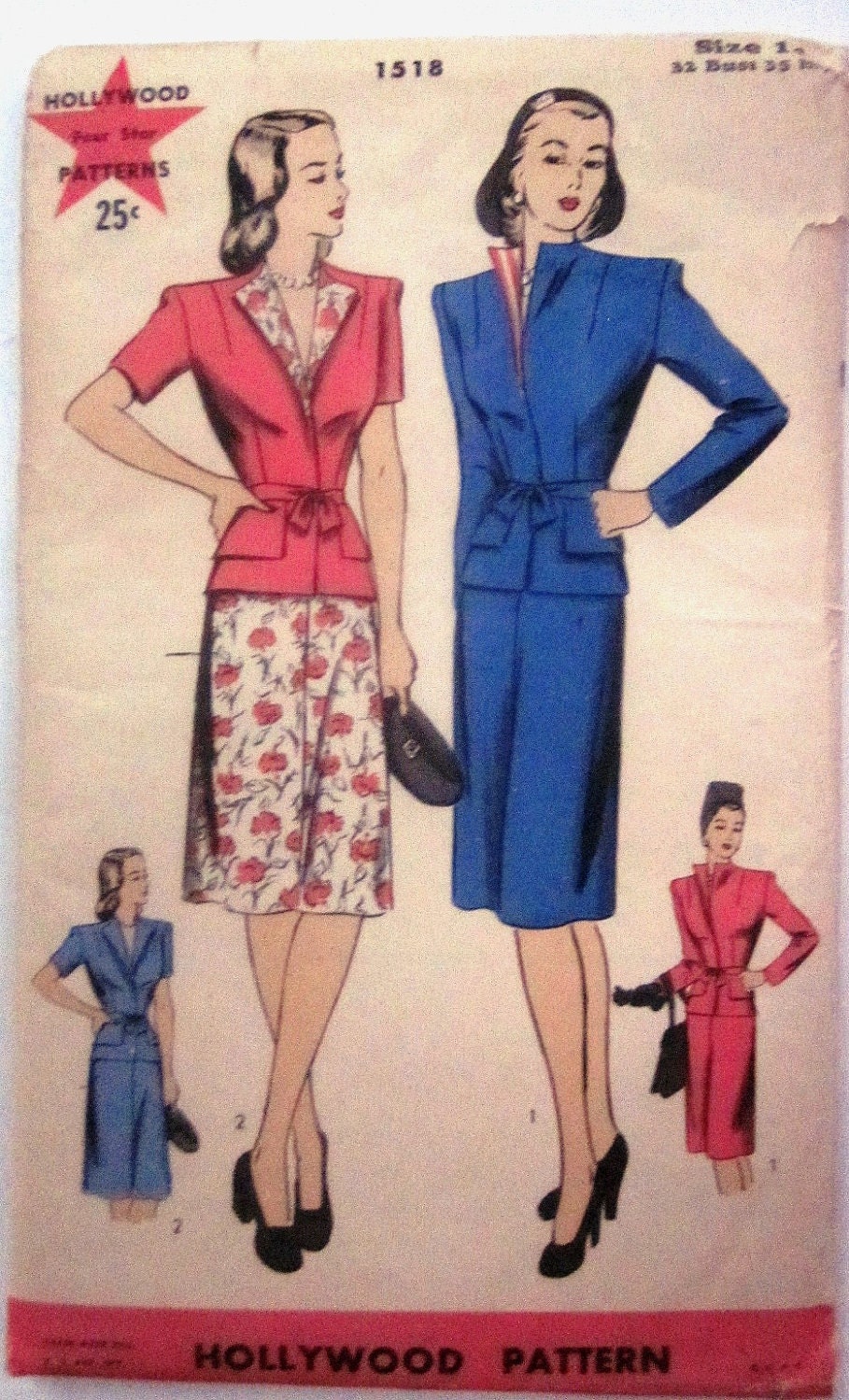 Hollywood 1518 Womens Peplum Jacket Skirt 1940s Pattern