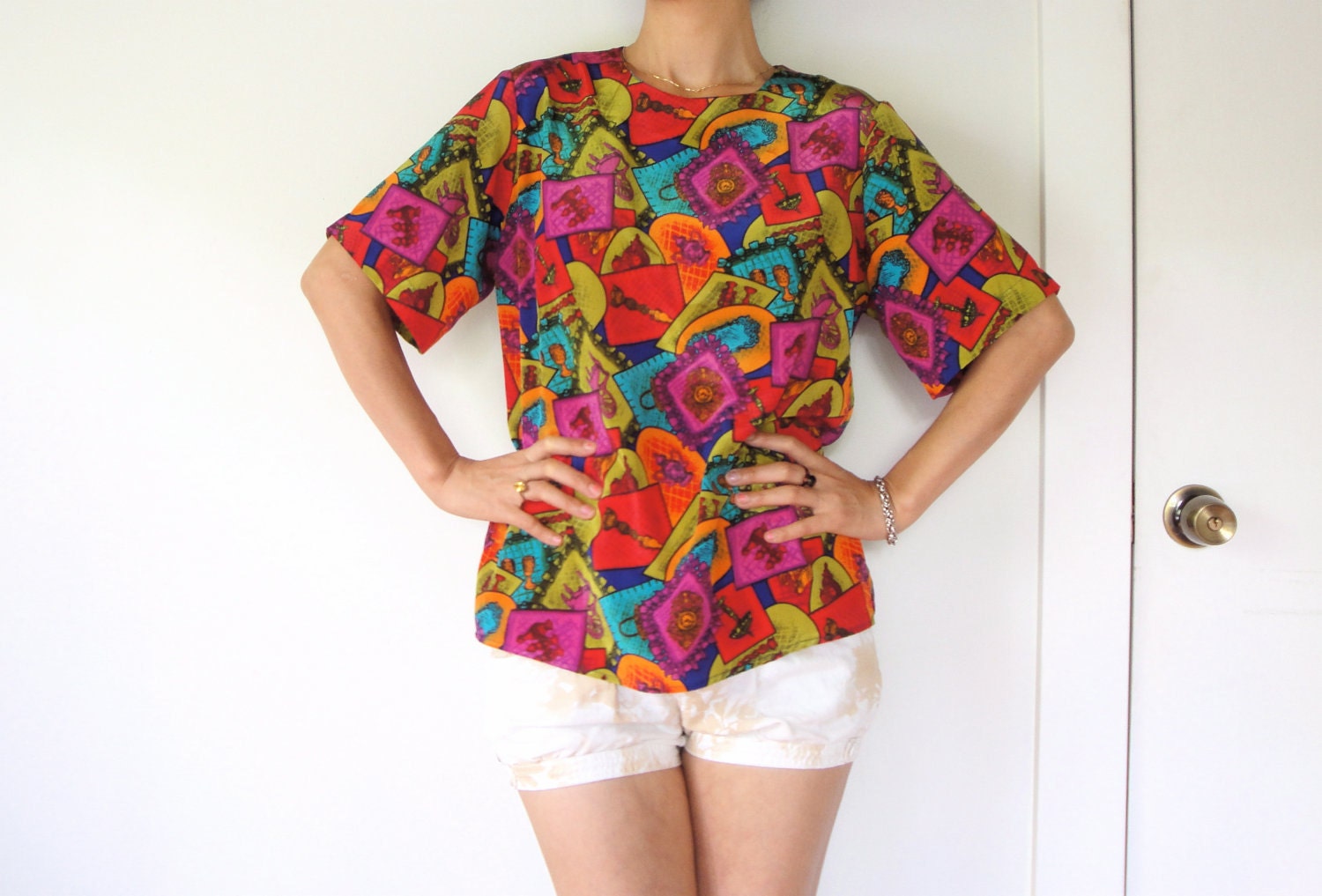 vintage women 80s hot red pink coral blue purple green pattern printed boxy blouse (size 6)