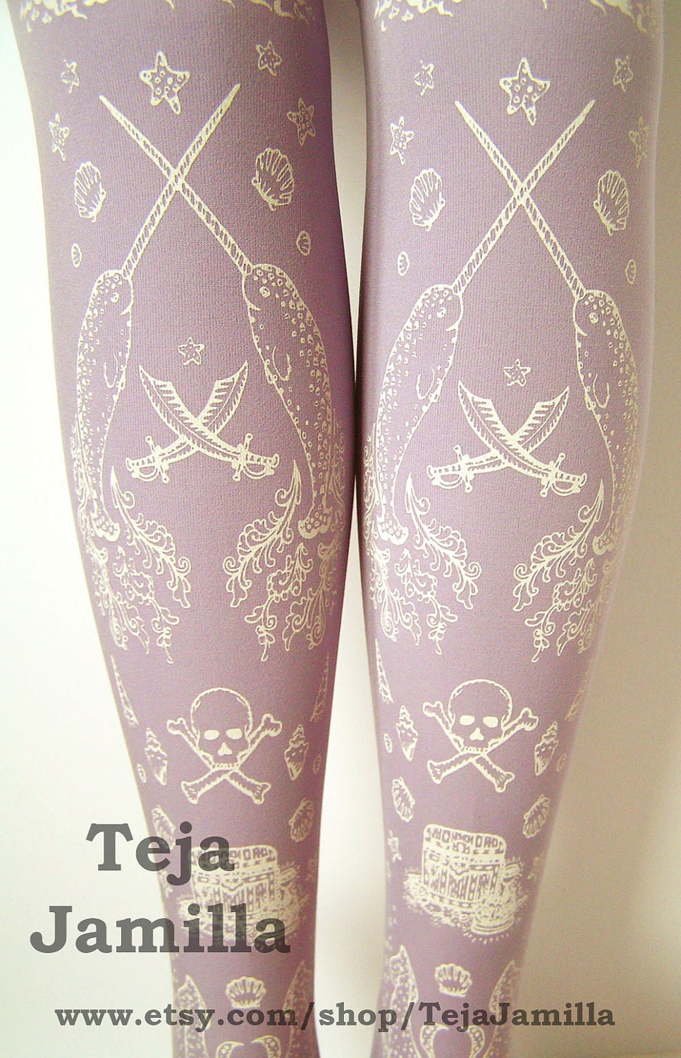 Pirate Printed Tights Pastel Narwhals Small Medium White on Lavender Lilac Purple