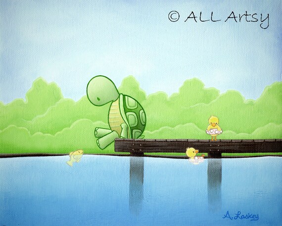 Turtle Meets Fishy - matted 8x10 canvas painting print - childrens wall art