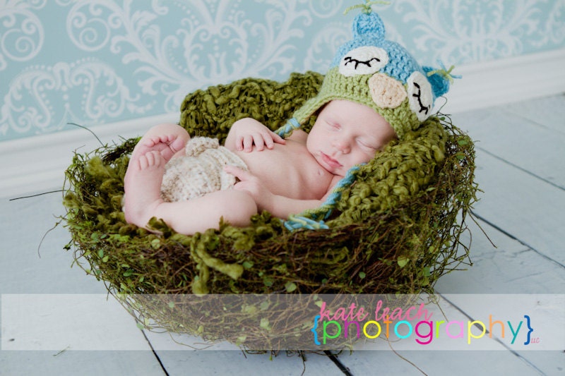 Mr Sleepy Owl Beanie in Aqua Blue and Celery Green Available in Newborn to 5 Years Size- MADE TO ORDER