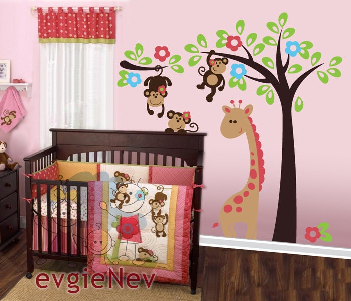 Nursery Wall Stickers - Monkeys on the Tree with Giraffe Jungle Wall Decal - PLSF020L