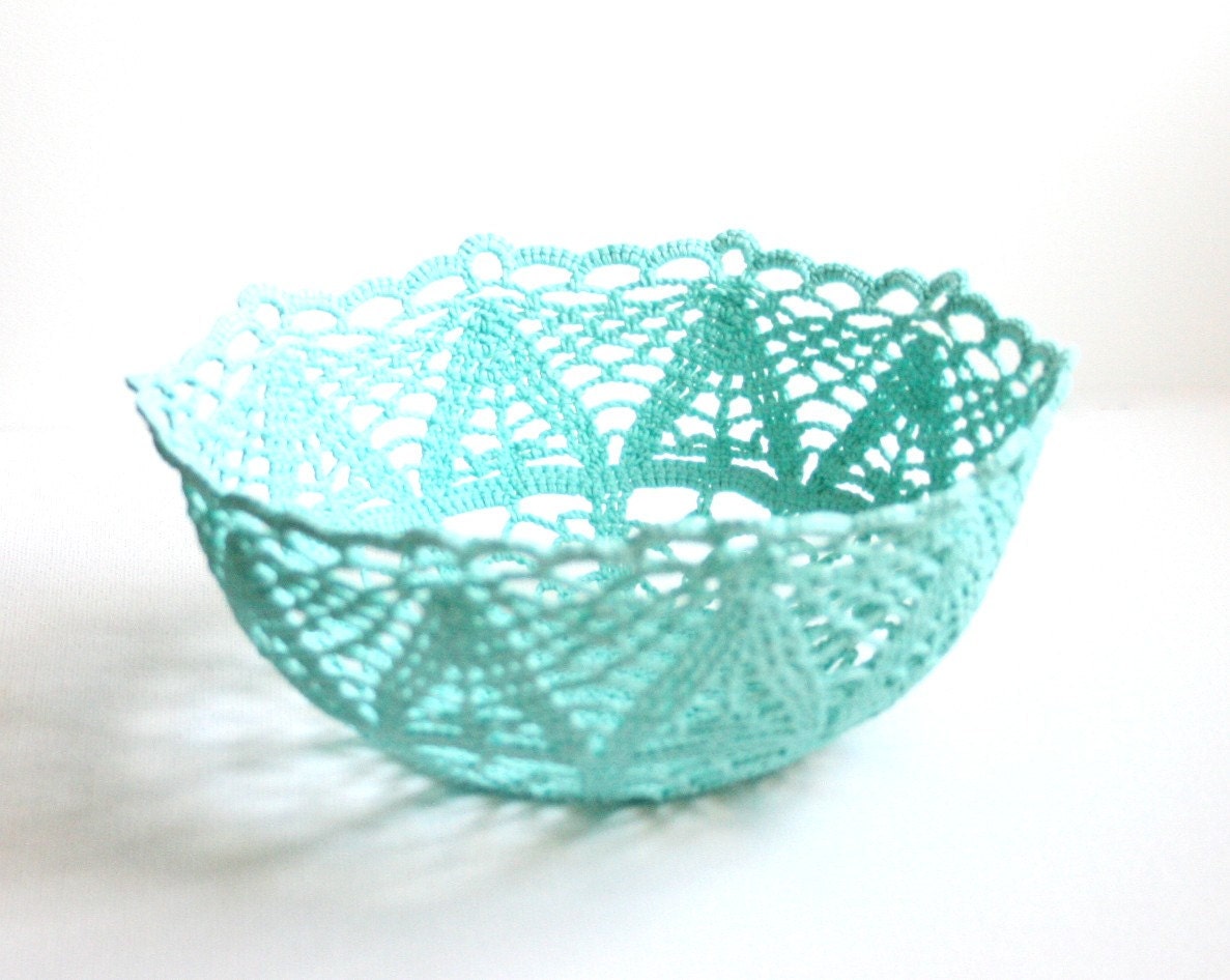 Blue Crocheted Lacy Bowl Shabby Chic Cottage Chic
