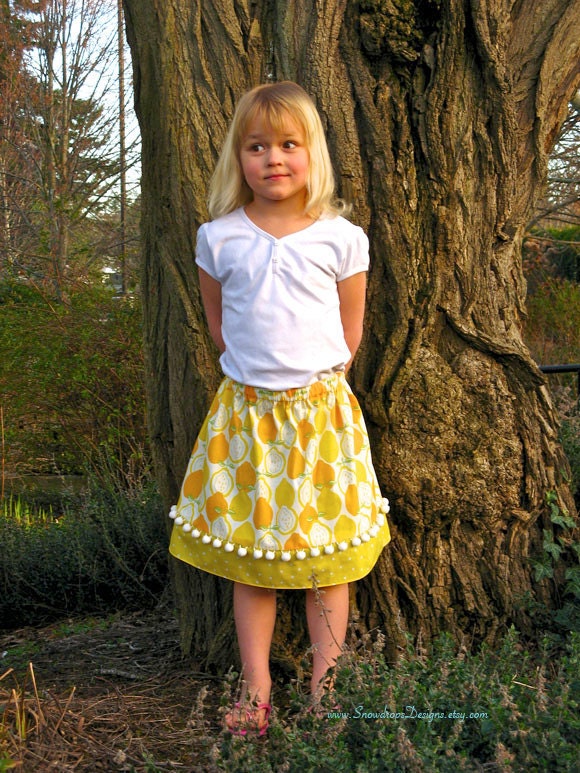 Girls Skirt cheery yellow lemons on white background with pompom trim for girls and toddlers