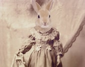 Rabbit Art Print, Mixed Media Collage Print, Ginger, 5x7 Altered Victorian Photograph, frighten