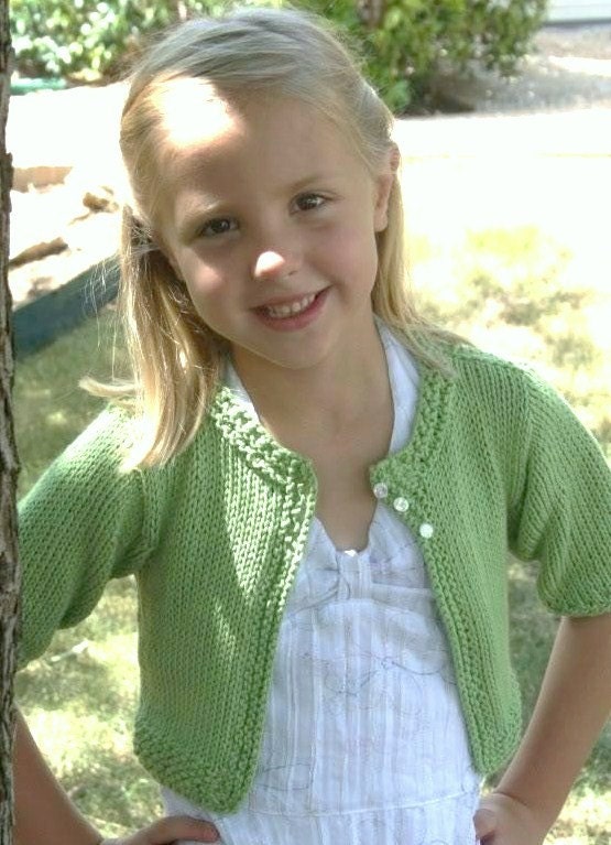 The Suri Knit Cardigan / Sweater, shrug, knitting pattern pdf, short sleeves, cropped, girls, green