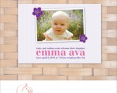 Purple and Pink Flowered Birth Announcement - Baby Girl - Photo Card