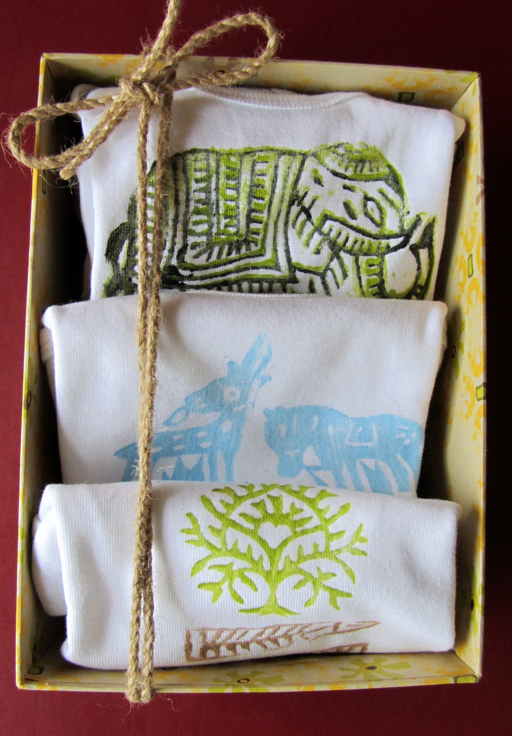 Indian block print Baby onesie gift set, 3 onesies in a set, Indian wood block prints of animals, birds, trees, stamps