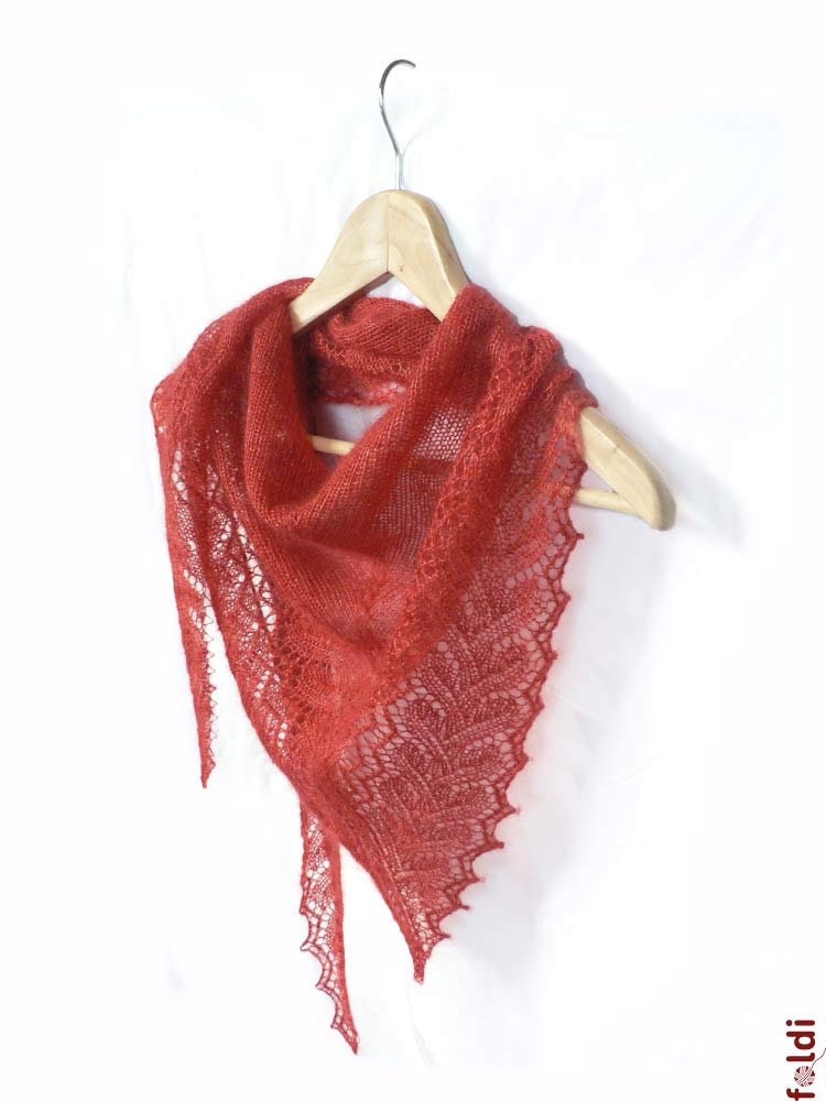 Knitted red silk and mohair summer lace scarf  triangle "Smoldering Leaf"