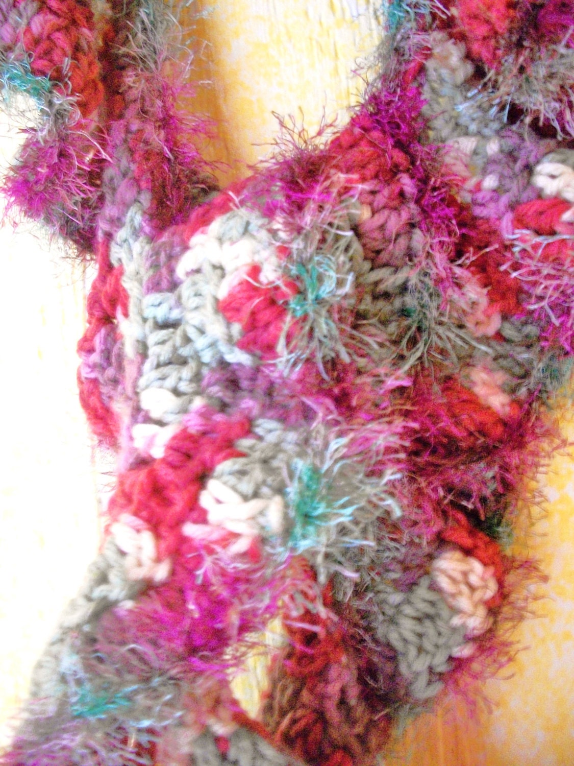 Scarf Ruffle Crocheted Fuzzy in Fall Colors of  Rust, Green, and  Cream