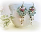Jacaranda - Romantic long earrings Verdigris patina lace filigree Czech flowers pink mint green golden leaves freshwater pearls.