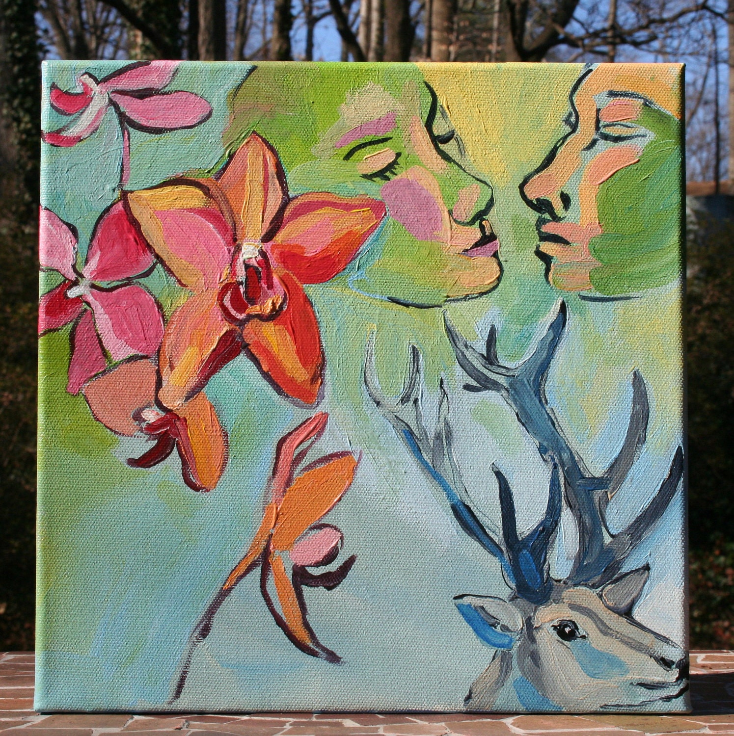 Original Painting on Canvas, 10" x 10," signed, Lovers, Dreaming