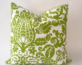 18x18 Suzani Print Lime Green and White Decorative Pillow Cover - Medium Weight Cotton- Invisible Zipper Closure