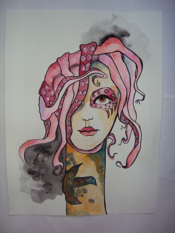 Watercolor "Pink Octopus" Mermaid Painting