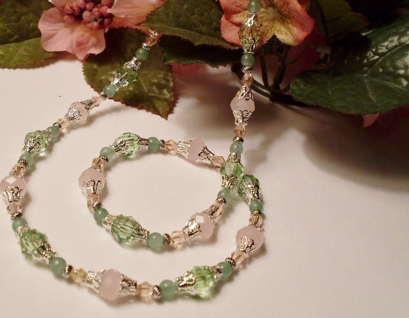 Pink Jade and Green Aventurine with Crystals - Memories of Spring Necklace