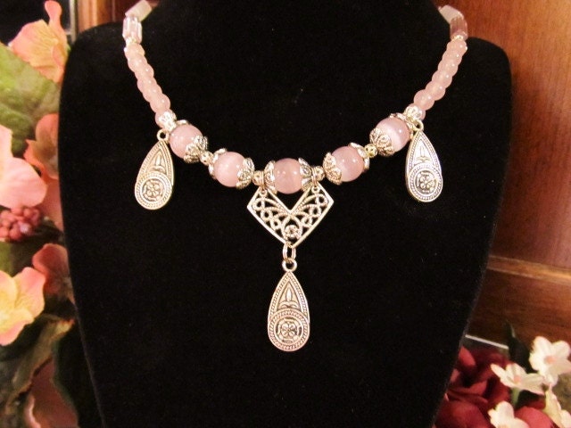 It's All Pink Necklace - Jade, Cat's Eye, Glass, Aventurine, Rose Quartz with Silver Pendant Drops