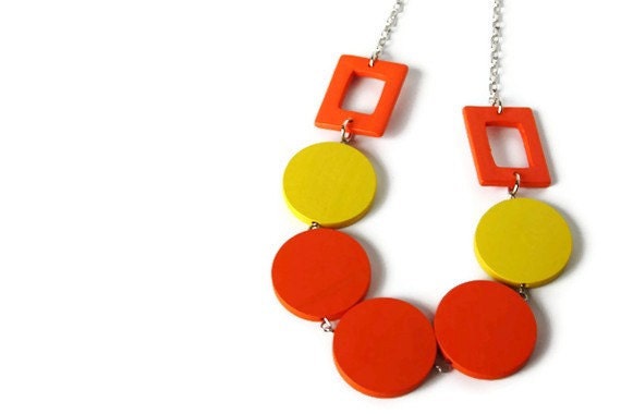 Neon Jewelry, Neon Orange and Yellow Necklace in Wood, Bright Colors, Geometric Jewelry, Perfect Summer Fashion