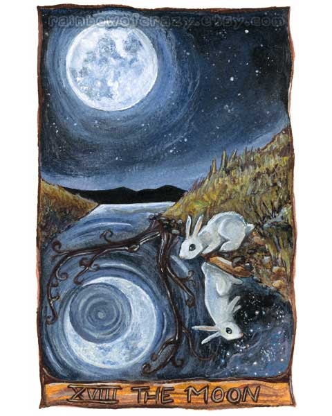 Moon Tarot Card Art , White Rabbit Print, 8x10 Artwork, Starry Night Illustration, Surreal Wall Art, Bunny Rabbit Art