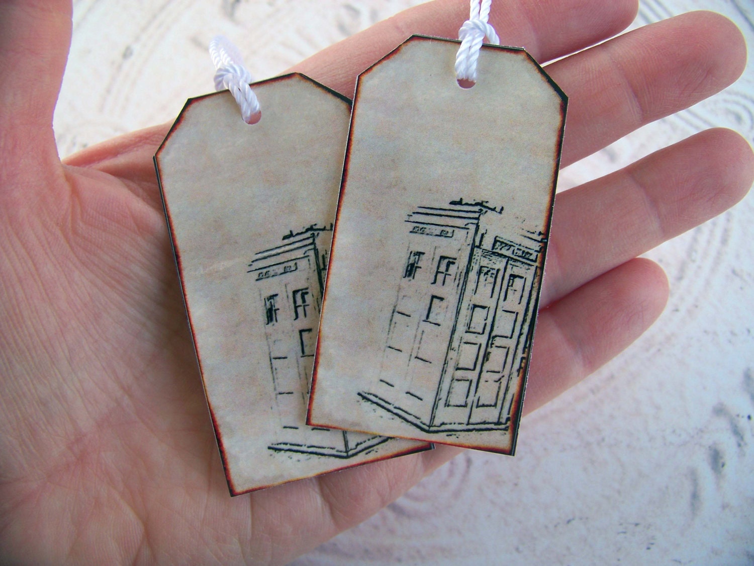 12  Doctor Who Inspired TARDIS Gift Tags, Sepia Police Box Gift Tags, Vanilla Tie-Ons