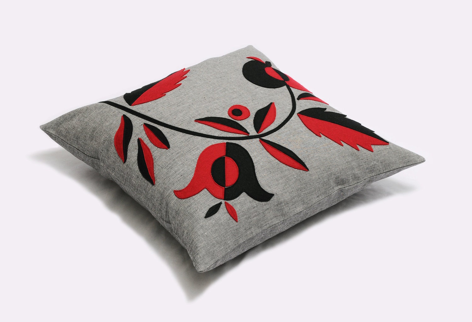 Floral Pillow Cover deep Red, Black and dark Gray Grey FLORENTINA 18x18, Flower Pillow, Pillowation, Made To Order