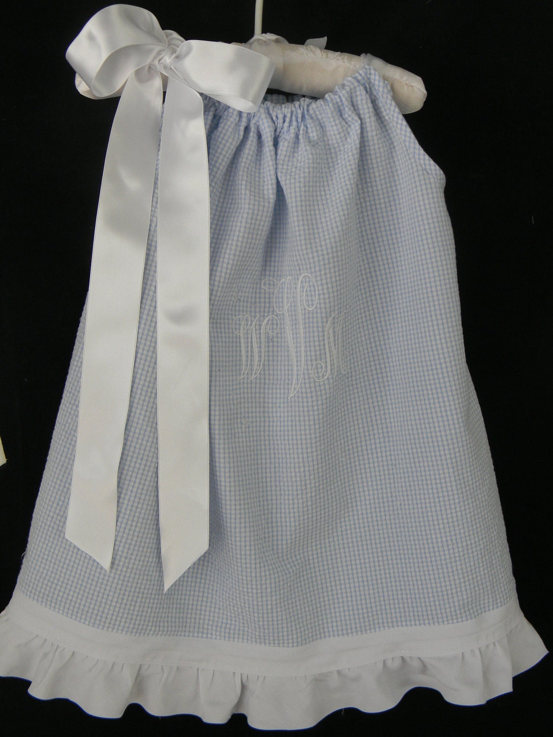 Toddler Girl Summer Dress Pillowcase Blue Gingham Seersucker with White Ruffle