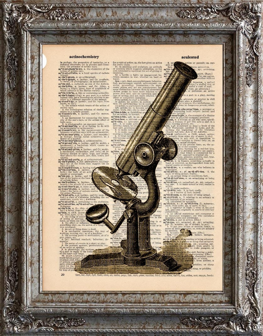 Microscope on Vintage Upcycled Dictionary Page Book Art Print Science Recycled Repurposed