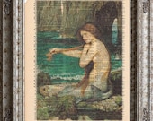 Mermaid 3 on Vintage Upcycled Dictionary Page Book Art Print Mythical Sea Creature