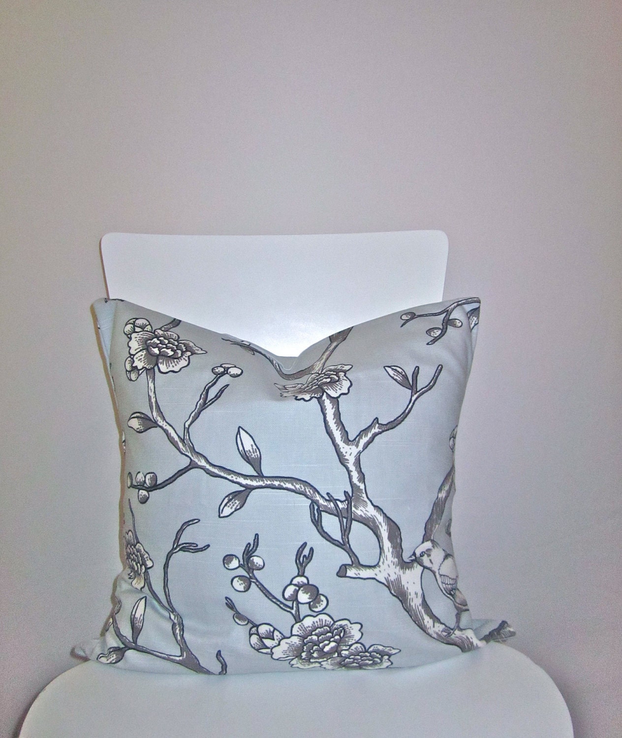 18 inch throw pillow cover, Dwell light gray birds and branches. Nature trees and avian theme, modern print. For indoor use.