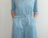 70s ultra suede dress, blue faux suede dress, minimalist dress, kick pleat dress, a-line
