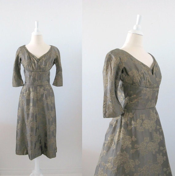 Vintage 1950s Cocktail Dress - Brocade Gold & Brown - Small - TwoMoxie
