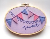 Kids wall art sweet embroidery hoop art nursery art new baby bunting banner art - sweet purple bunting
