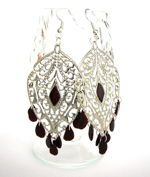 Upcycled jewelry chandelier gypsy earrings made of recycled plastic - boho, gothic, eco friendly, red & silver