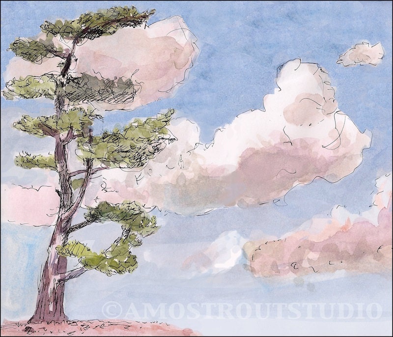 Eastern white pine and pink sunset clouds, any wall art kids wall decor nursery children room decor archival Print signed 8.5x11