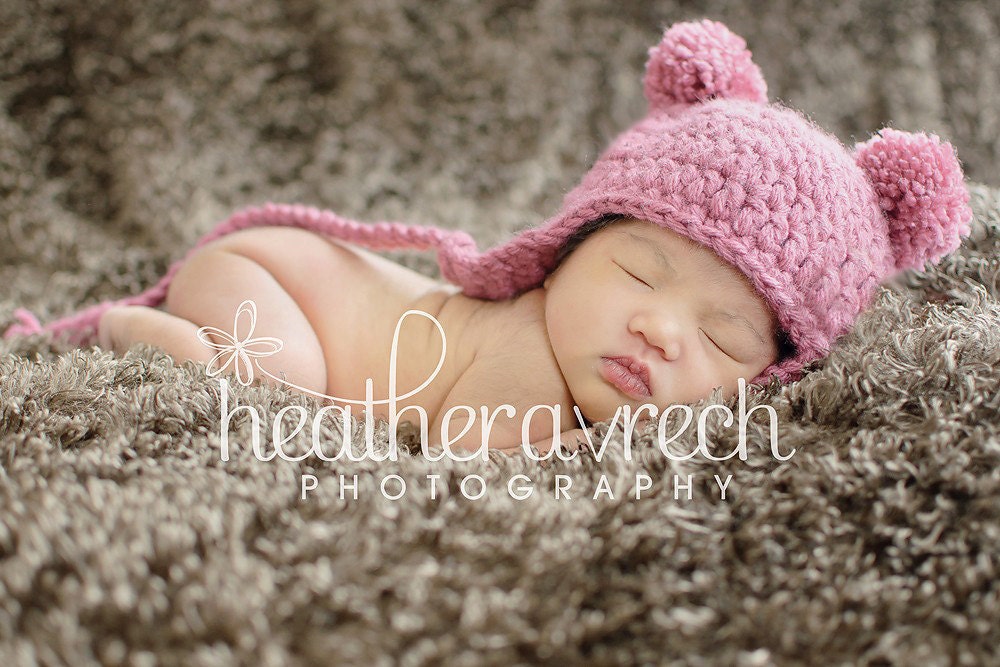Pink Baby Bear Hat, Newborn Pom-Pom Earflap Beanie