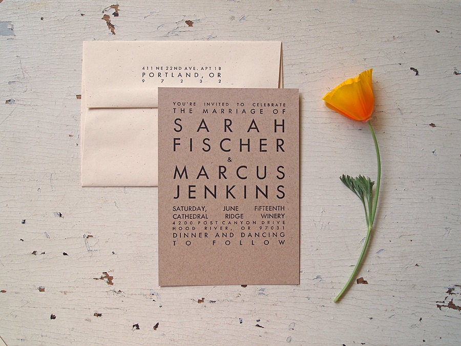 Modern Rustic Wedding Invitation Set - Kraft Letterpress Invite Suite - Cream (Sample)