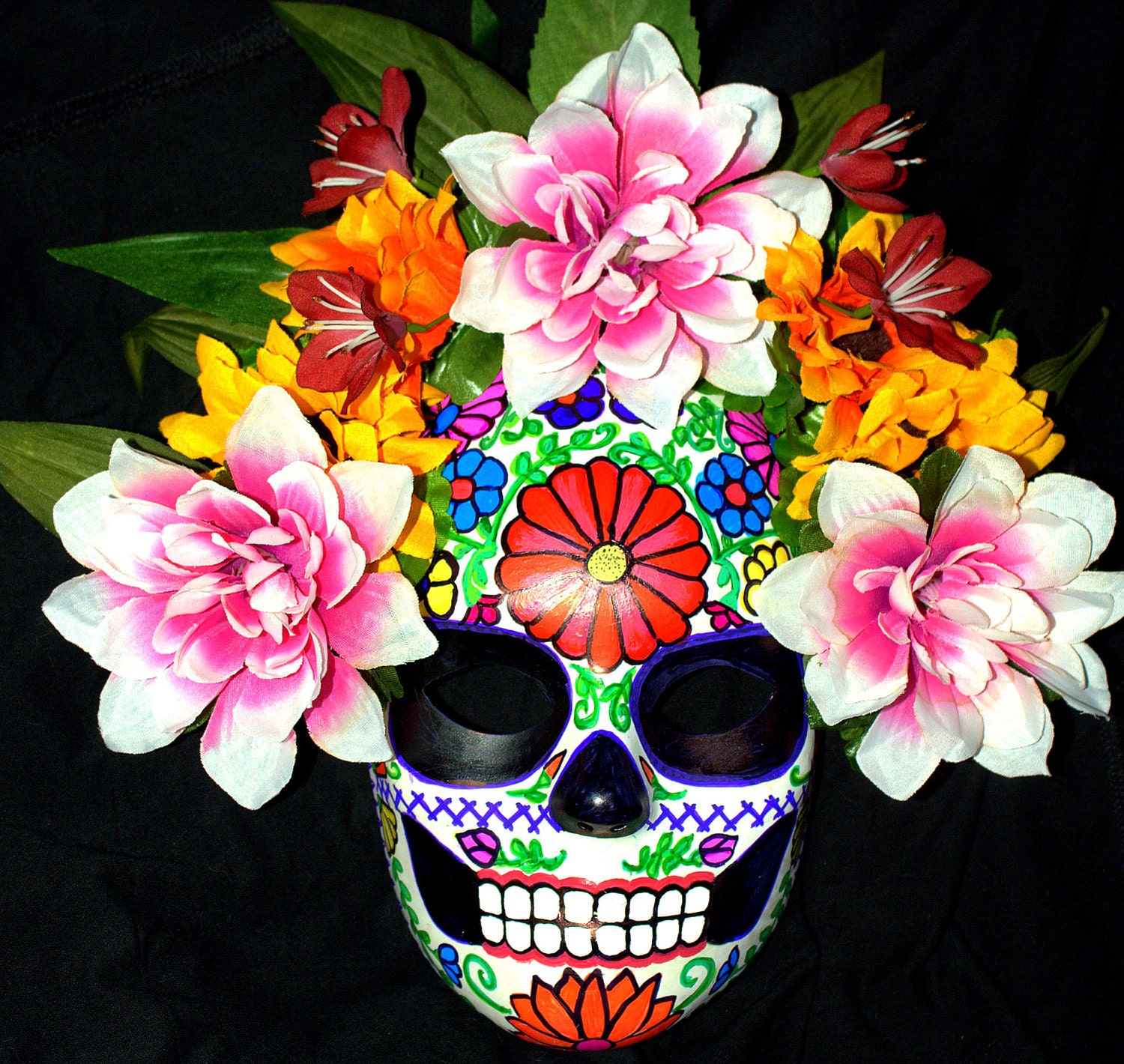 Mexican Embroidery Sugar Skull Mask for Day of the Dead with Deluxe Flower Crown