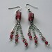 Red crackle cube glass bead and chain earrings,silver plated with faceted red beads
