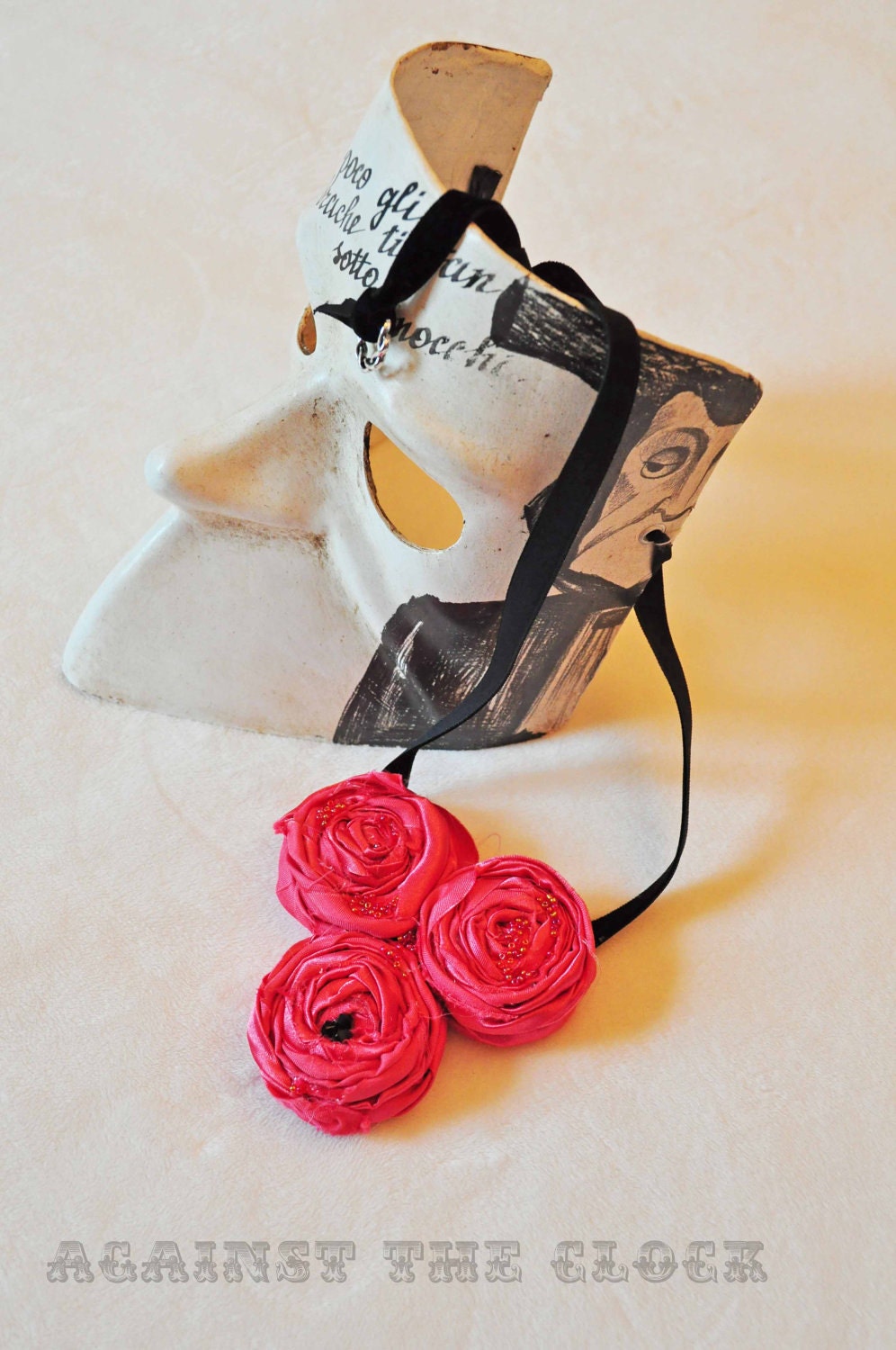 SALE Valentines Day Fabric bib necklace coral with Swarovski crystals FREE SHIPPING